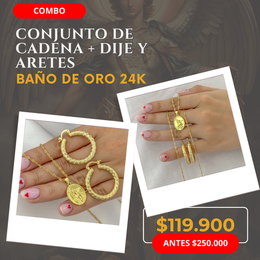 CONJUNTO DE CADENA CON DIJE Y CANDONGAS - BAÑO DE ORO 24K