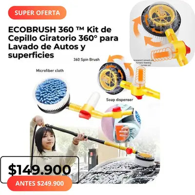 ECOBRUSH 360 ™ Kit de Cepillo Giratorio 360° para Lavado de Autos y superficies